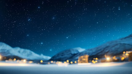 Fototapeta premium Starry Night Sky Over Snowy Landscape with Glowing Lights