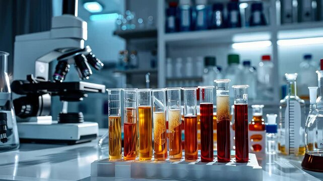 Test tubes on the background of a microscope in the laboratory. Selective focus. Medicine.