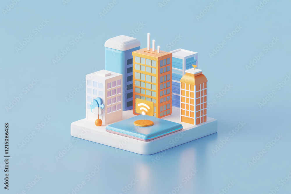 Aufkleber iso-length game icons of modern architecture, simple design with simple shapes, wifi logo, blue and 