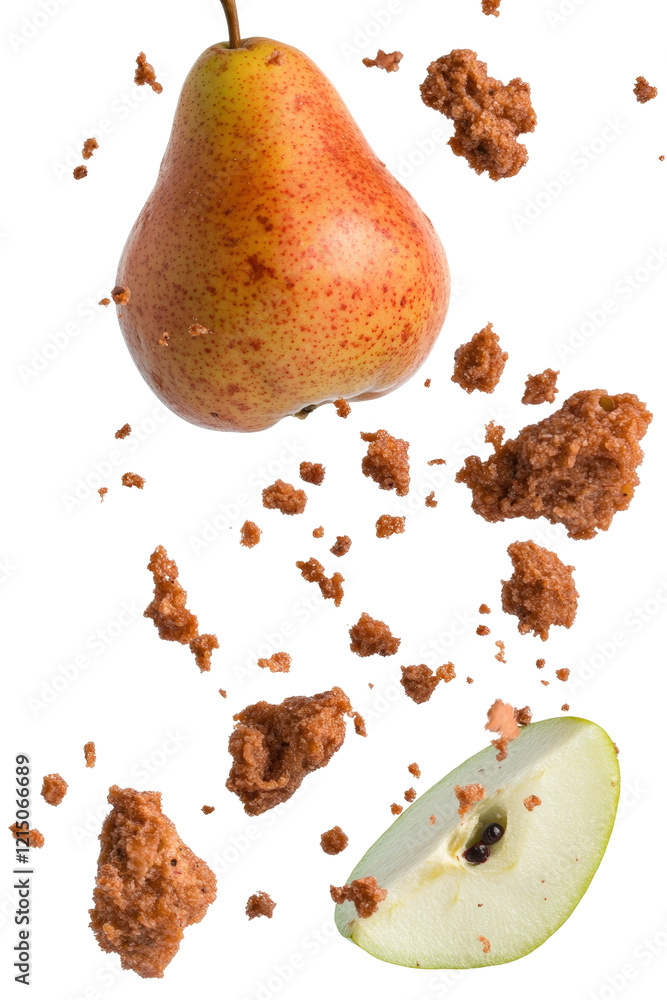 Poster fresh pear and sliced apple displayed together on a wooden table background isolated on transparent 