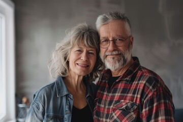 Portrait of a blissful caucasian couple in their 70s wearing a comfy flannel shirt over modern minimalist interior