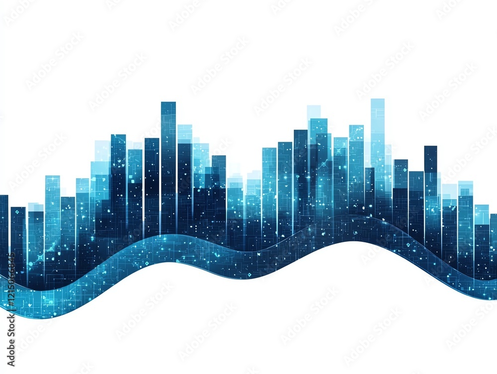 Poster abstract blue wave and bar graph illustration for data visualization and design.