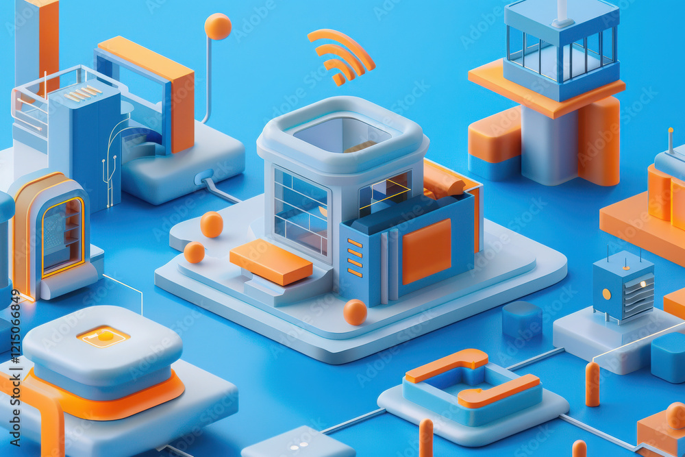 Poster iso-length game icons of modern architecture, simple design with simple shapes, wifi logo, blue and 