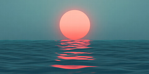 A large red sun is rising over the ocean