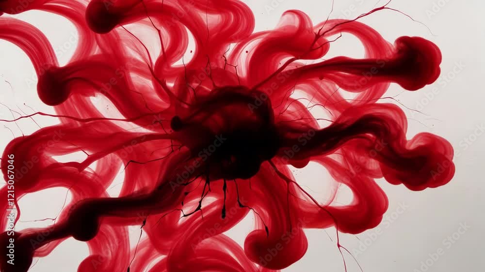 Poster abstract red and black ink swirling in water dynamic fluid patterns resembling explosions and organi