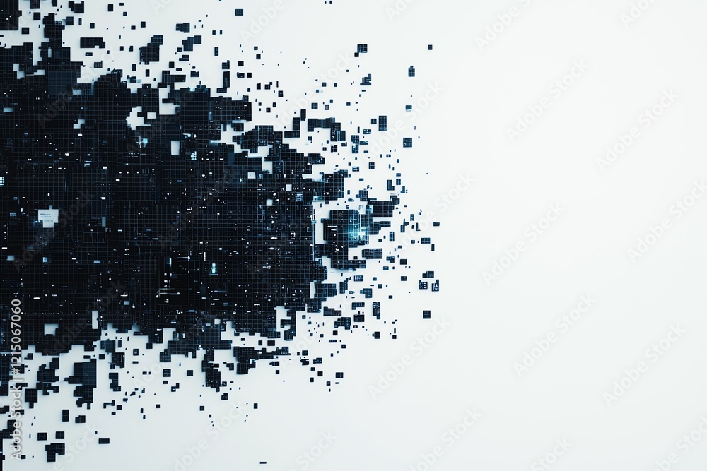 Poster abstract digital art of fragmented pixels dispersing into the background.