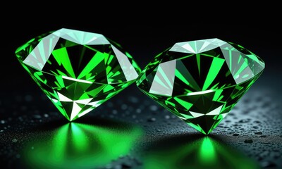 Sparkling green emeralds on dark surface with reflective highlights and raindrops