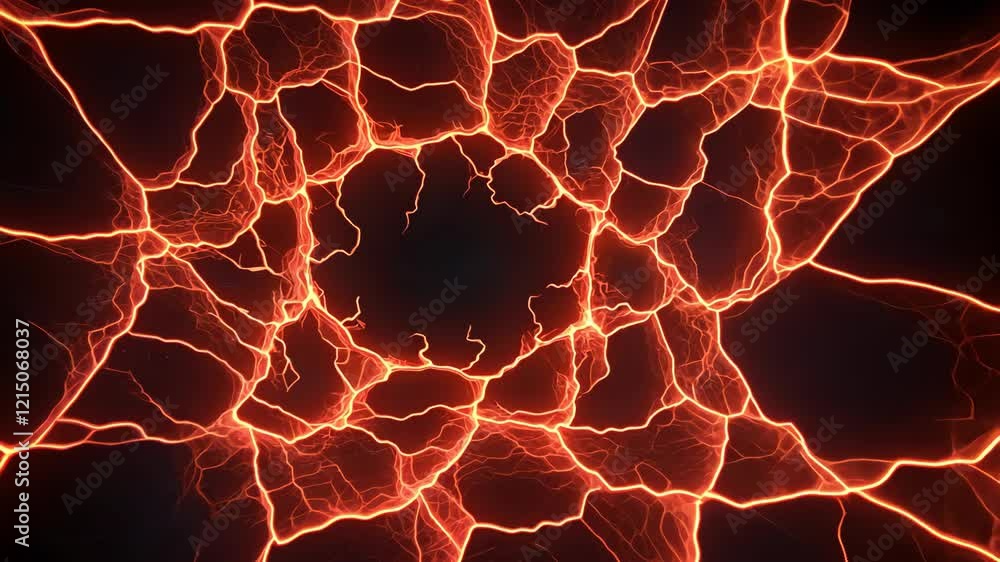 Poster dynamic display of red electric lightning bolts creates mesmerizing pattern against dark background,