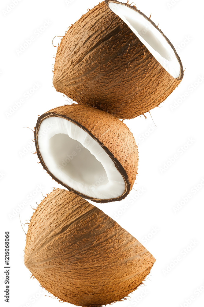 Poster coconuts on a white background showcasing their natural texture and color in a simple composition is