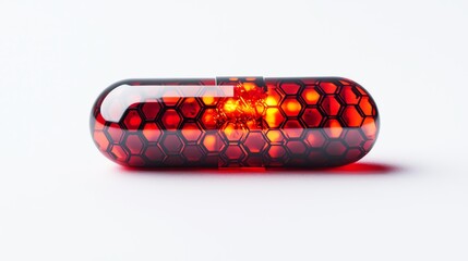 Close-up image of a vibrant red capsule with a unique honeycomb pattern.