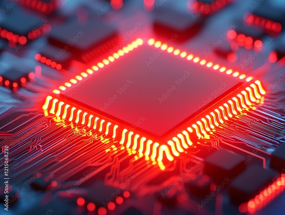 Poster close-up of a glowing red microchip on a circuit board, showcasing intricate details.