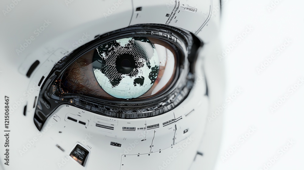 Poster close-up view of a high-tech robotic eye with intricate details and a reflective surface.