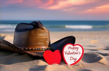 cowboy hat with a Valentine on the sand at sunset on the beach, with Happy Valentine's Day greeting card, copy space