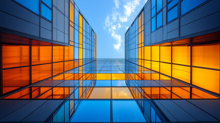Modern city skyscraper architecture with urban buildings in a business district bright blue sky and reflective office windows minimalistic aesthetic with a blurred empty space for text or caption

