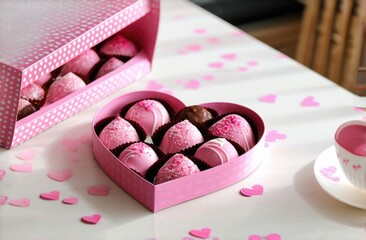 pink chocolates in a pink heart-shaped box on the kitchen table,