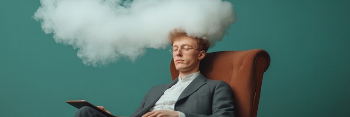 Retro Tech Aesthetic Portrait of a Caucasian Inventor in Classic Suit and Vintage Armchair with Cloud - Inspiring Innovation Content for Business and Design