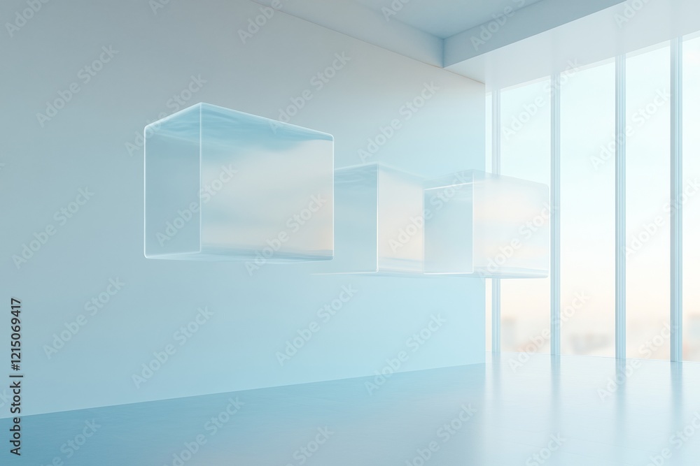 Poster Ultra-Minimalist Smart Office Transparent Holographic Data Screens in Sleek Workspace - Future-Ready Design for Digital Transformation and AI-Driven Business Efficiency