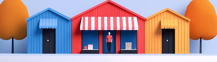 Obraz premium Colorful shops with a person standing in front of vibrant structures on a sunny day.