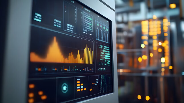 Closeup of a digital energy monitoring system displaying realtime consumption data on a screen with colorcoded graphs and figures indicating energy savings in manufacturing processes.