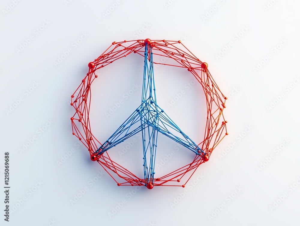 Poster creative representation of peace symbol made with colorful strings on a white background.