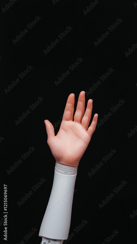 Poster futuristic human-robot interaction metal robotic hand gestures with human palm on black background -