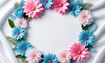 Fototapeta premium Colorful floral frame with pink and blue paper flowers on white background