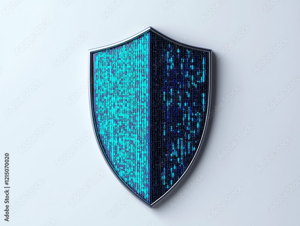 Poster digital shield icon representing cybersecurity and data protection concepts.