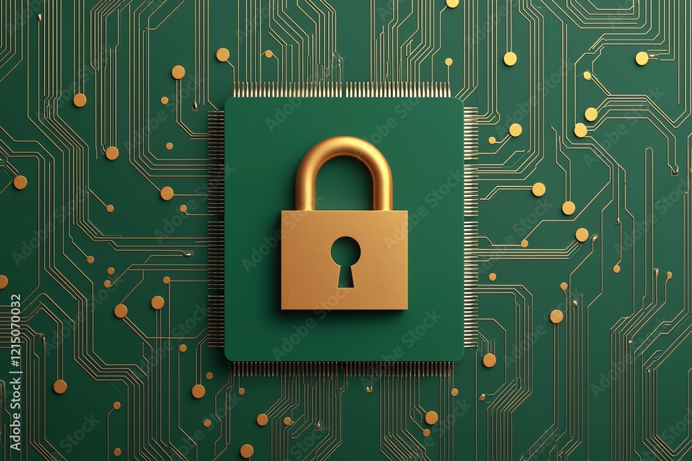 Poster digital security concept featuring a lock on a circuit board background.
