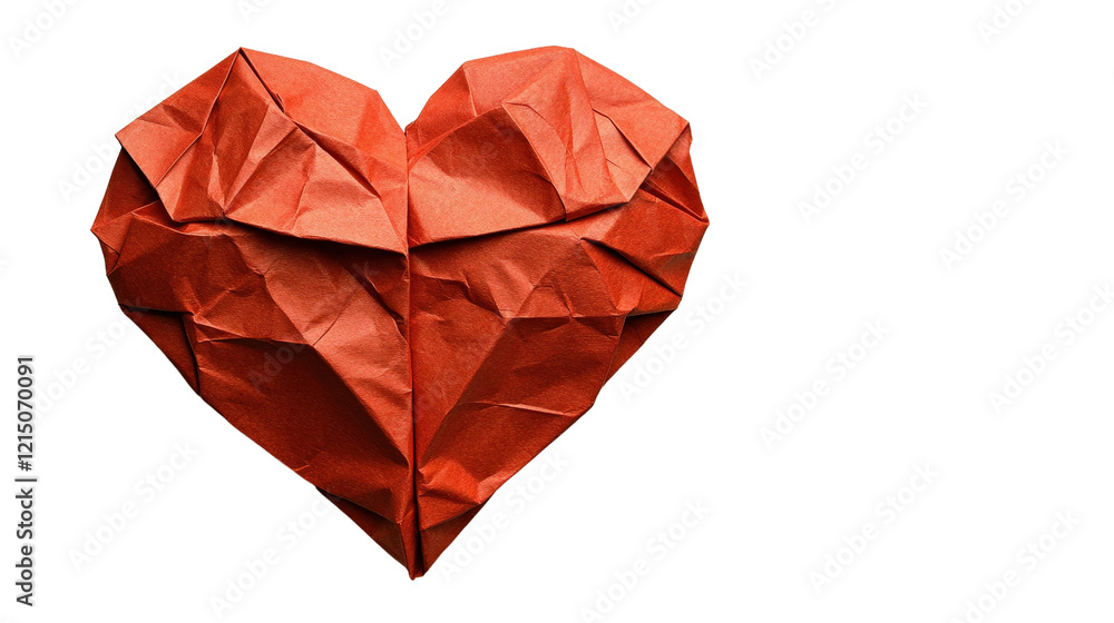 Poster red heart made of paper on a black background with visible texture and shadows isolated on transpare