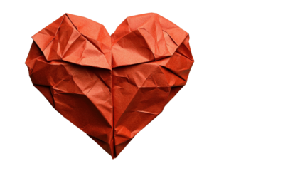 Red heart made of paper on a black background with visible texture and shadows isolated on transparent background.