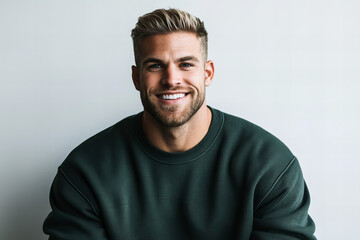 Obraz premium Charismatic Portrait of a Smiling Man with Stylish Beard and Relaxed Casual Outfit, Perfect for Lifestyle and Professional Use