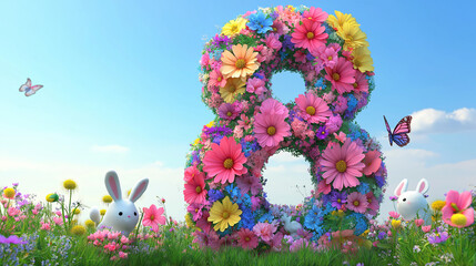 3D Illustration of a Cute Floral Number 8 with Butterflies and Bunnies in a Meadow