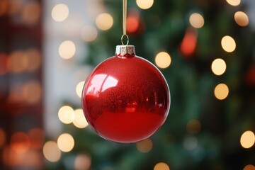 Fototapeta premium Red christmas ball hanging and shining with blurred christmas tree and lights in the background