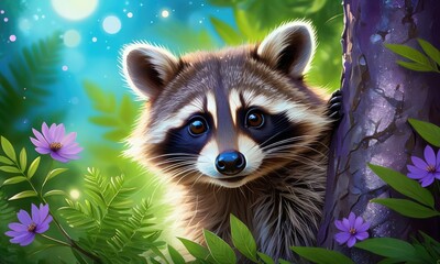 Obraz premium Curious raccoon among vibrant flowers and lush foliage in sunlit forest scene