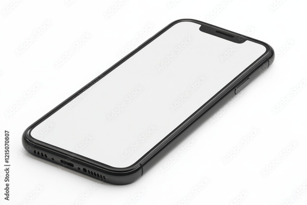 Poster smartphone with empty screen, poised on a clean white backdrop for versatile digital mockup applicat