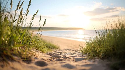 Serene Coastal Path with Sandy Beach and Sunlit Horizon at Dusk