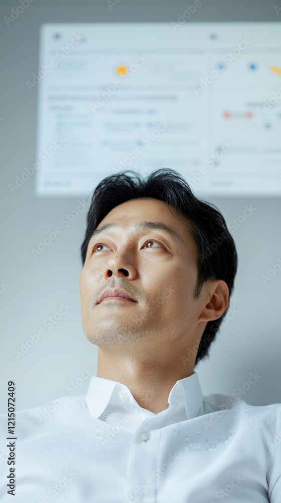 Aufkleber Digital Procurement Transparency Korean Businessman Analyzing Government Contracts on Interactive Screen - Tech-Driven Solutions for Modern Commercial Efficiency