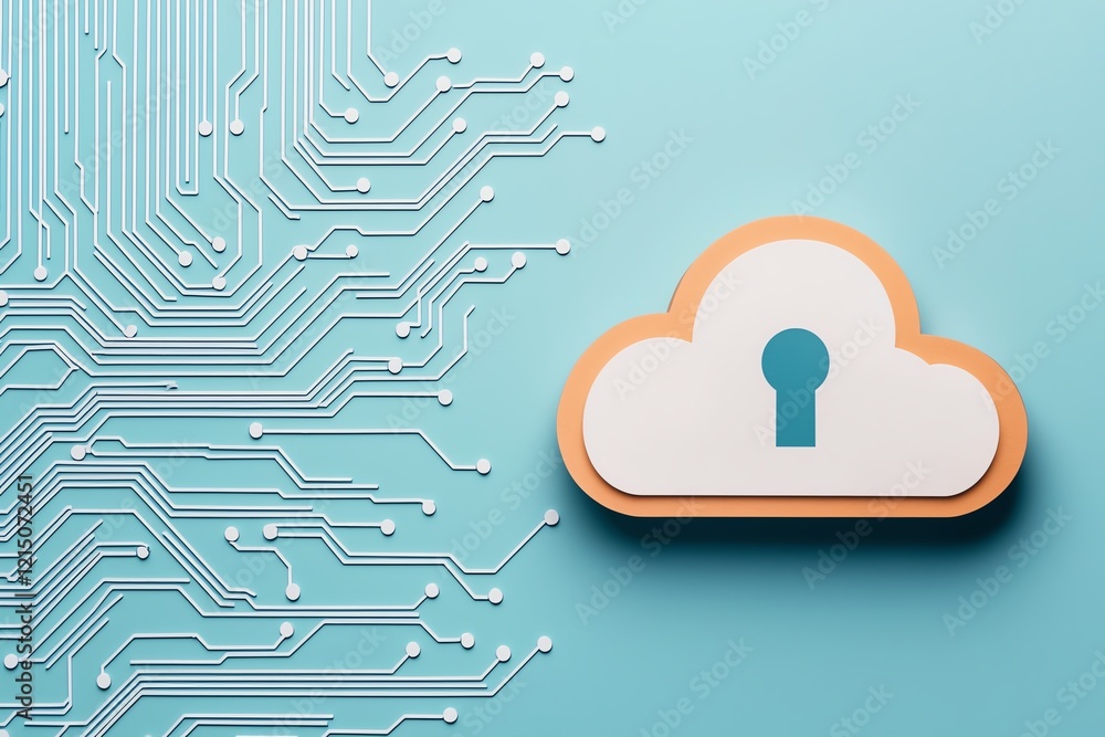 Poster stylish cloud computing symbol with a keyhole, showcasing digital security.