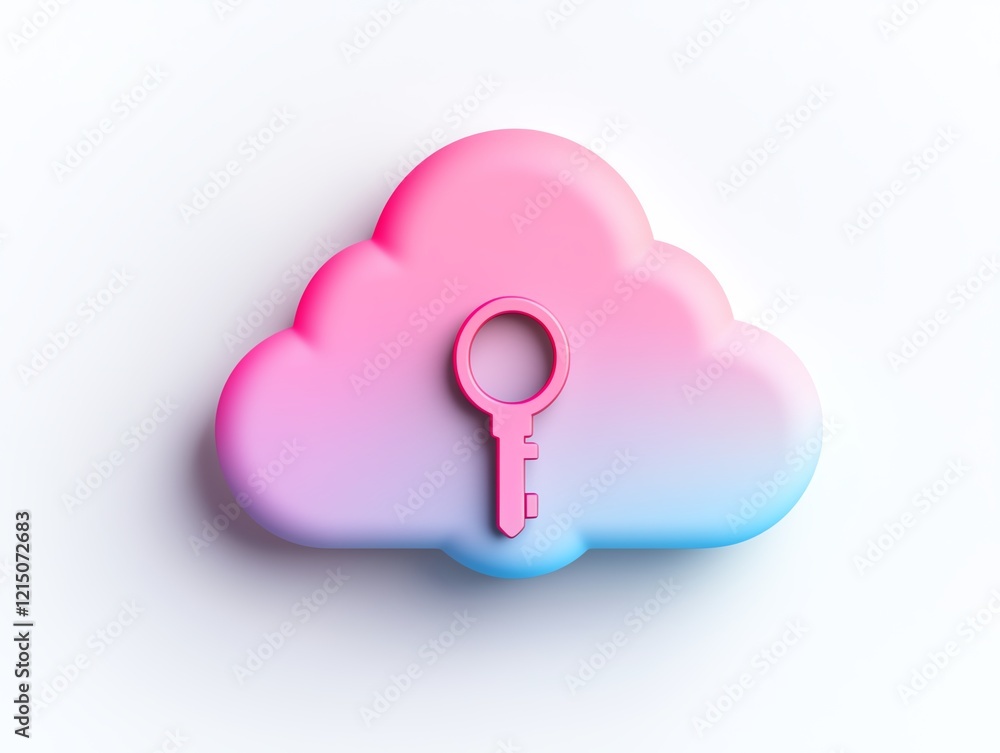 Poster stylized cloud icon with key, representing digital security and data protection.