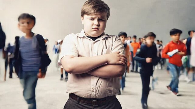 Unhappy obese Boy is being bullied at school. Wearing a backpack get bullied by other school children. surrounded by the kids at schoolyard. Child looks unhappy
