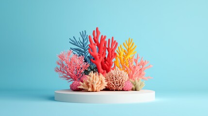 Vibrant coral display in various colors against a bright blue background.
