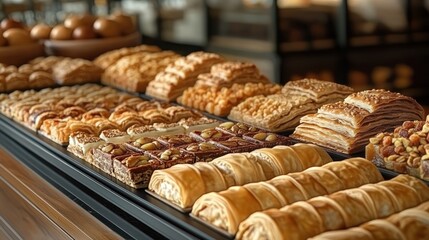 Bakery pastries display, shop, delicious treats,  golden hour, food photography