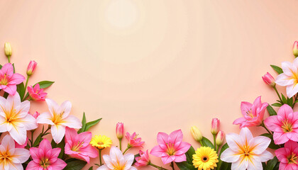 Beautiful floral arrangement with pink and yellow flowers on soft peach background with copy space
