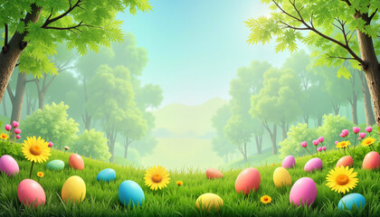 Colorful Easter eggs on grassy field amidst blooming flowers, cheerful and festive, spring celebration