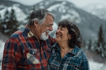 Fototapeta premium Portrait of a joyful latino couple in their 70s dressed in a relaxed flannel shirt over snowy mountain range