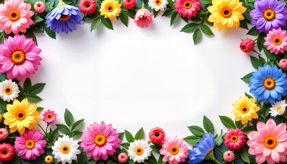 Fototapeta premium Colorful flower border with pink, yellow, and blue blossoms on white background with copy space 