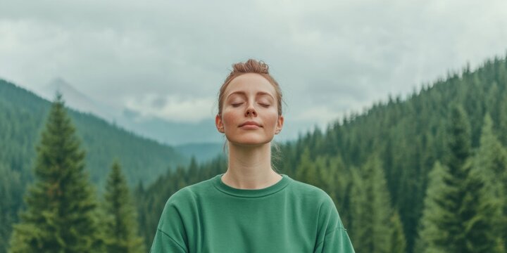 Tranquil Forest Retreat Caucasian Woman in Peaceful Landscape with Green Sweater Mindful Unplugging and Nature Therapy for Digital Detox in Wellness Campaigns
