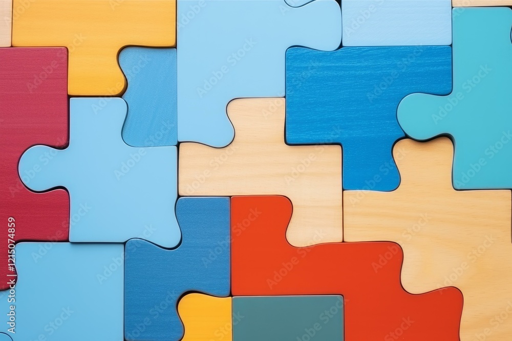 Aufkleber interlocking colorful wooden jigsaw puzzle pieces form an intricate pattern, symbolizing problem sol