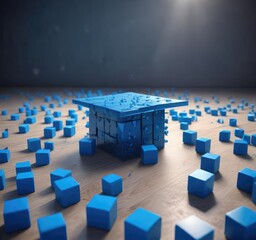 Obraz premium Blue table with scattered question marks and soft cubes, word search, soft cube