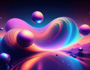 Abstract background with colorful wavy liquid and flowing balls of gradient color. 3D balls with light reflections and iridescent colors. Vibrant liquid wavy art. Design for banner and poster